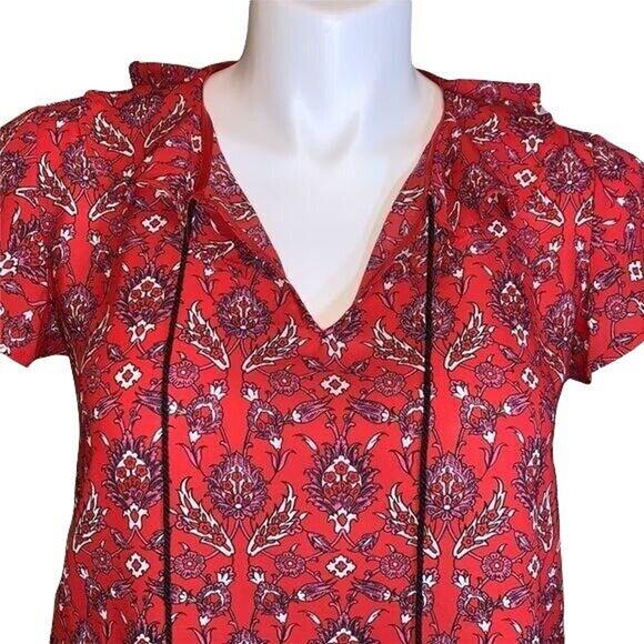 W5 Womens Blouse Top Ruffled V Neck Collar Relaxed Fit Short Sleeve Red Large - Picture 2 of 8